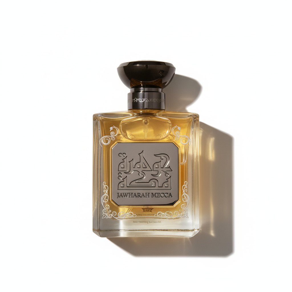 Perfume bottle with decorative label on a white background